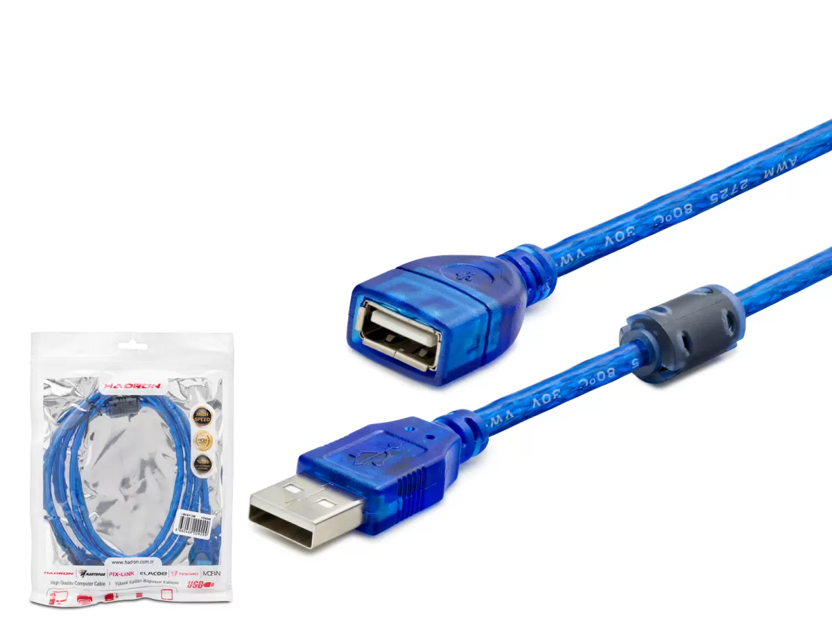 HADRON HDX7535 USB Uzatma Kablosu 3 m - Şeffaf Mavi